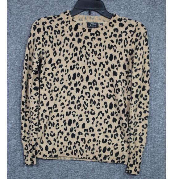J Crew Sweater Womens XXS Tan Black Leopard 100% Cashmere Crew Neck Side Slit - Picture 1 of 5